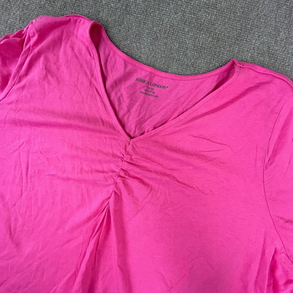 Jessica London T Shirt Womens 26/28 Pink Cotton V Neck Ruched Front Casual‎ Wear